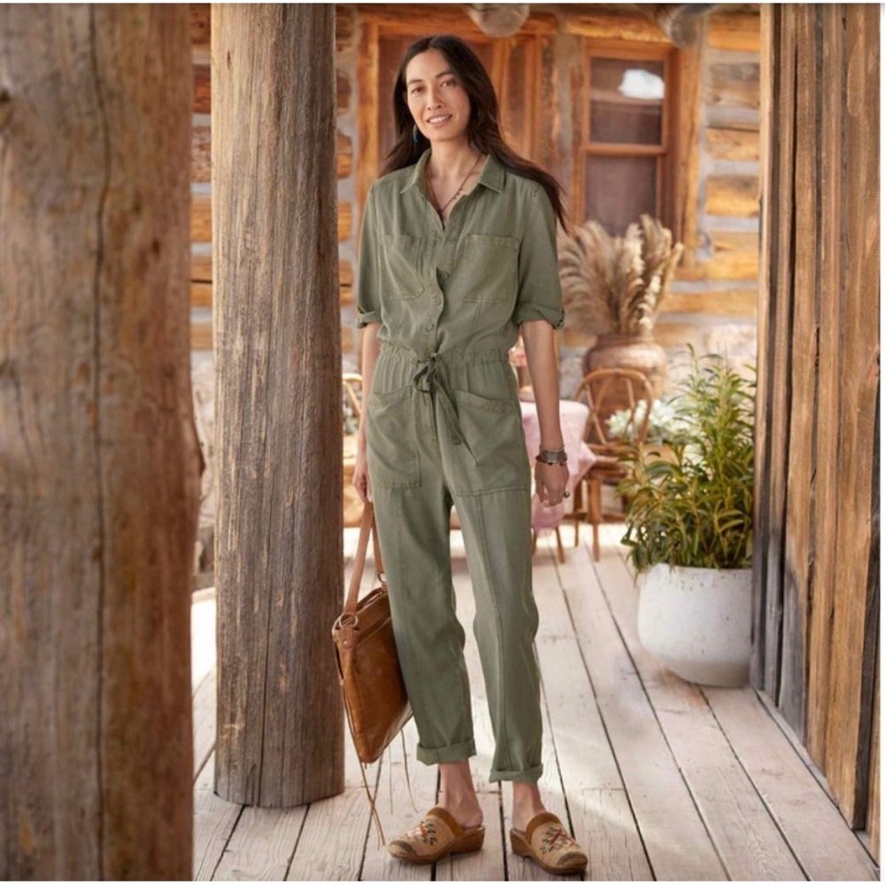 Sundance Jumpsuit‎ Women's M Wayside Green 100% Tencel Button Front Utility New